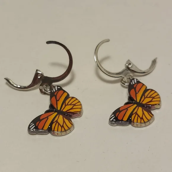 Drop Dangle Monarch Butterfly Earrings Fashion Silver Tone Insect Jewelry Orange - Picture 5 of 6